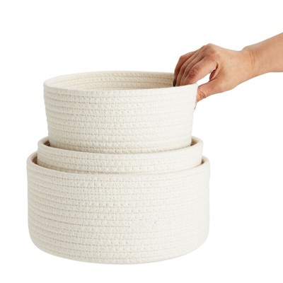 Set of 3 White Cotton Rope Storage Baskets