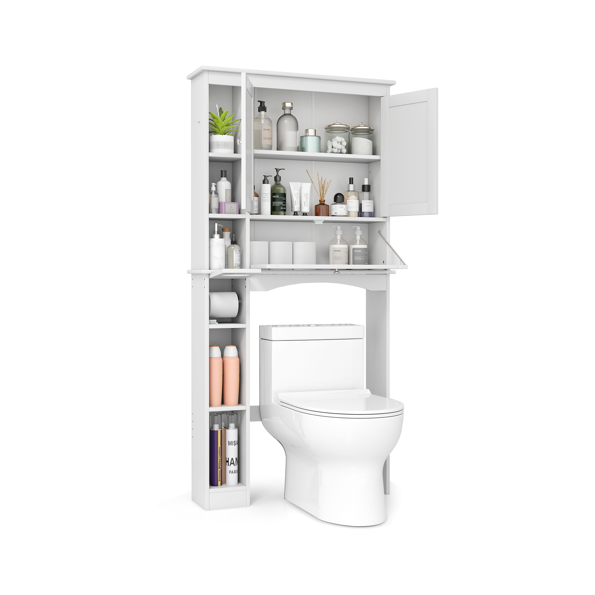 Costway Over the Toilet Storage Cabinet Bathroom Storage Organizer with Toilet Paper Holder White