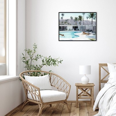 30" x 23" Black Framed Canvas Wall Art with Tigers by Pool