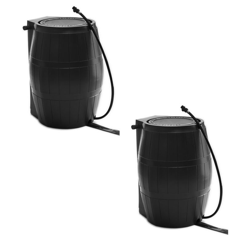 FCMP Outdoor 50-Gallon BPA Free Flat Back Home Rain Catcher Water Storage Collection Barrel for Watering Outdoor Plants & Gardens, Black (2 Pack), 1 of 7