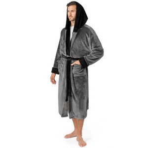 PAVILIA Mens Robe, Hooded Soft Bathrobe for Men, Fleece Plush Warm Shawl Collar Hood Pockets for Bath Shower Spa - 1 of 4
