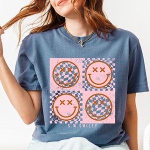 Simply Sage Market S.W.Smiley Pink Four Square Smiley Face Garment Dyed Tee - S - Blue Jean - 1 of 4