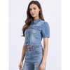 Allegra K Women's Casual Point Collar Button Down Puff Sleeve Crop Denim Jackets - 2 of 4