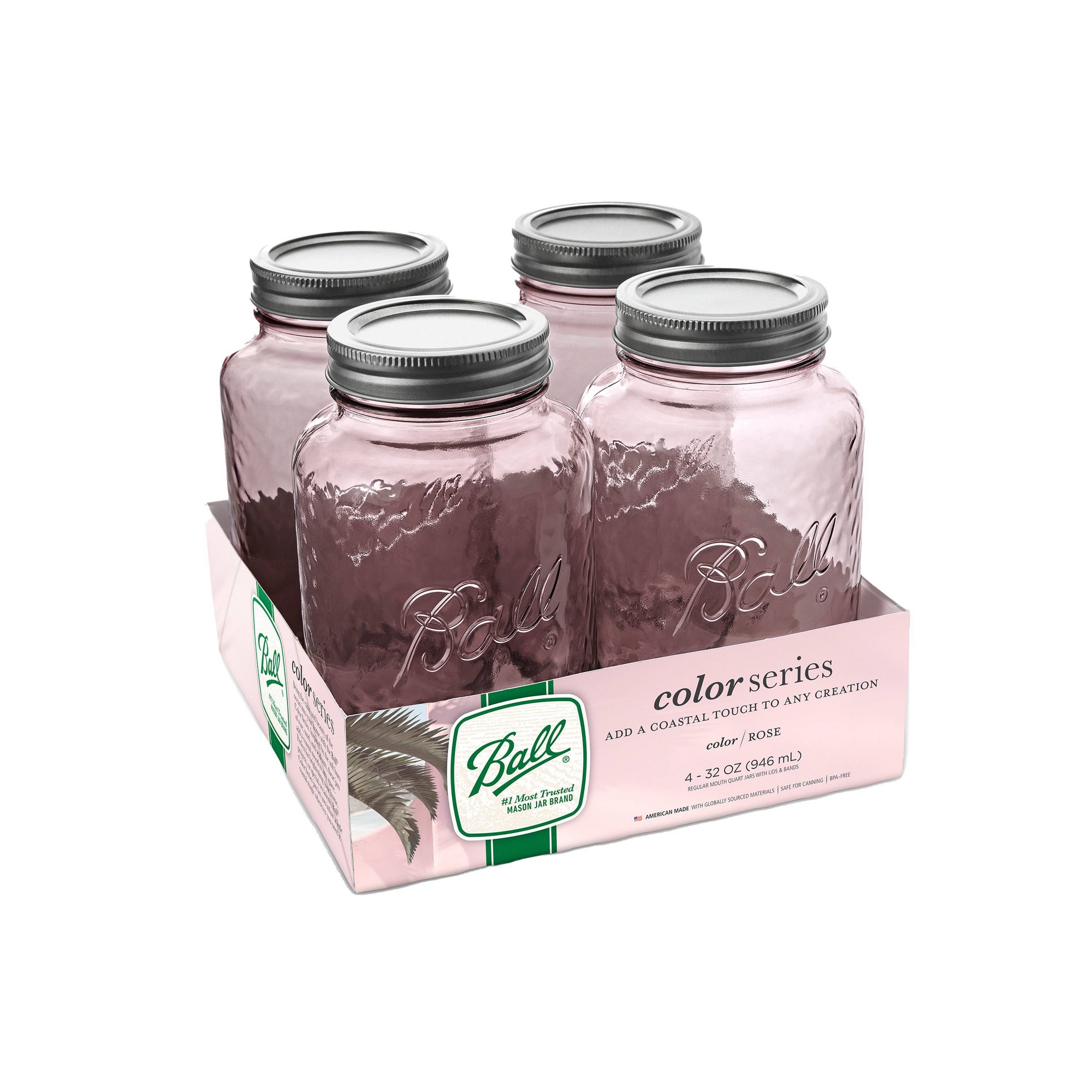 Ball 32oz 4pk Glass Regular Mouth Mason Color Jar with Lid and Band Rose: Pink Canning Jars, Dishwasher-Safe