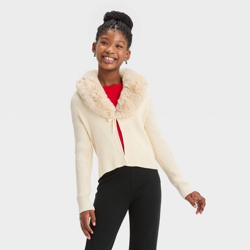 Girls' Faux Fur Collar Cardigan Sweater - art class™ Cream L