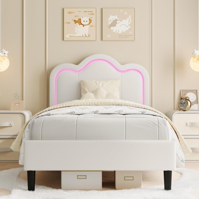 Twin Upholstered Smart LED Bed Frame with Adjustable Hills Headboard, PU Leather Platform Bed Frame for Kids