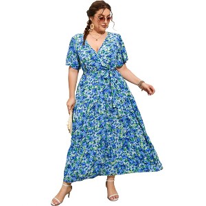 BLUEMING Summer Maxi Dress for Plus Size Women Tie Wasit Surplice Dress Flutter Sleeve A-Line Dress - 1 of 4