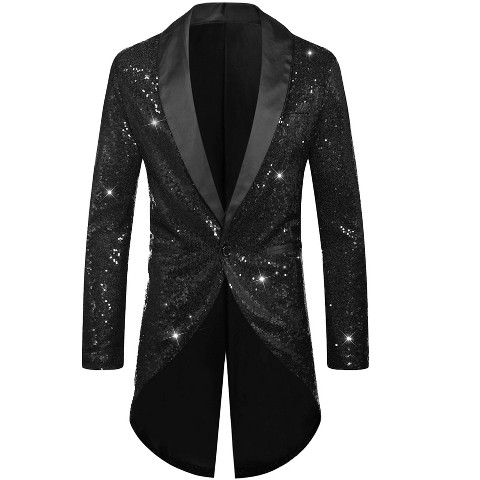 INSPIRE CHIC Men's Shawl Lapel Wedding Party Shiny Sequin Tuxedo Tailcoat Black Large