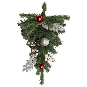Northlight 20" Pre-lit Decorated Green Pine Artificial Teardrop Christmas Swag, Cool White LED Lights - 1 of 4