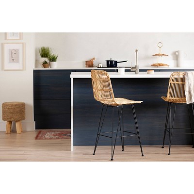 Handmade Rattan and Black Metal Counter Stools, Set of 2