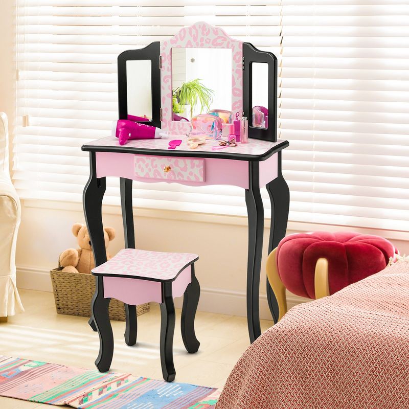 Costway Kid Vanity Set Wooden Makeup Table Stool Tri-Folding Mirror Leopard Print Pink, 1 of 11