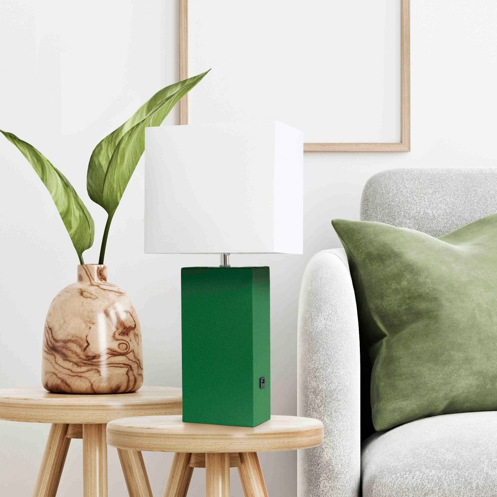 Lalia Home Lexington 21" Leather Base Modern Table Lamp with USB Charging Port and Feit LED (Includes LED Light Bulb) Green