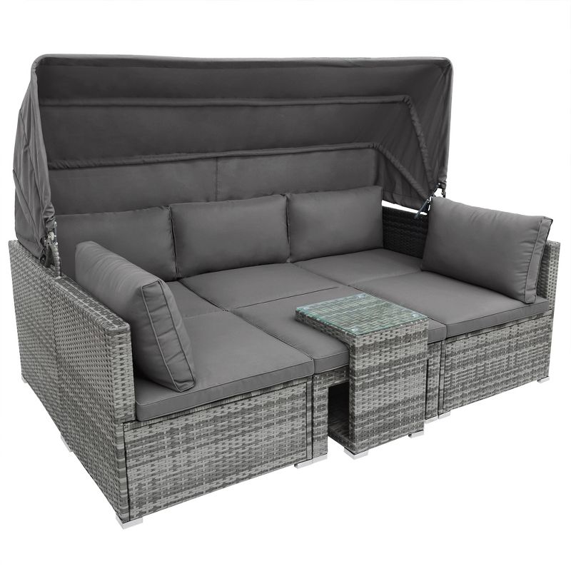 5 PCS Outdoor Sectional Rattan Daybed Sofa Set, Patio PE Wicker Conversation Furniture Set with Canopy and Tempered Glass Side Table, Gray-ModernLuxe, 4 of 13