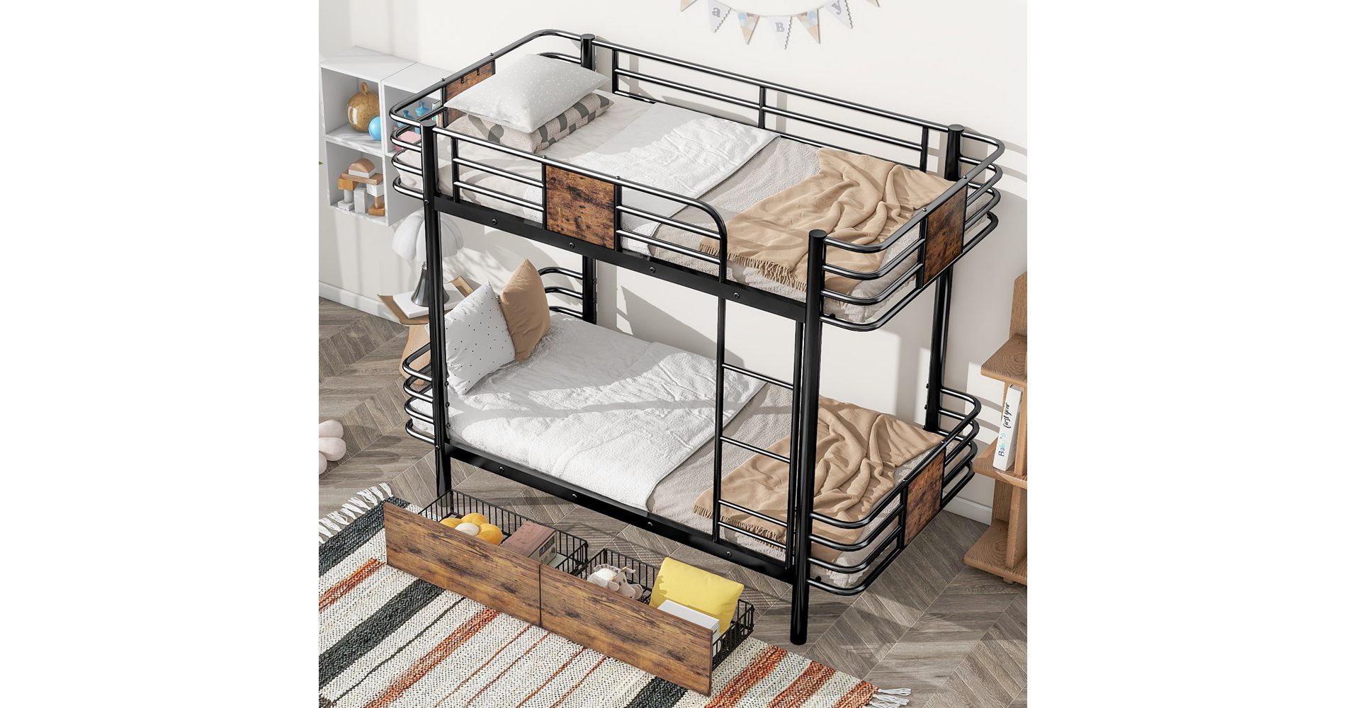 Twin XL Over Twin XL Bunk Bed With 2 Storage Drawers Guardrail Metal Bunk Bed Frame For Kids Teens Bedroom No Box Spring Needed Black