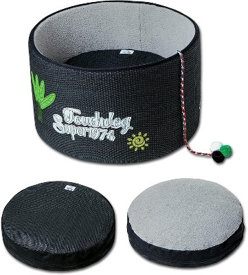Black Round Wool Cat Bed with Teaser Toy
