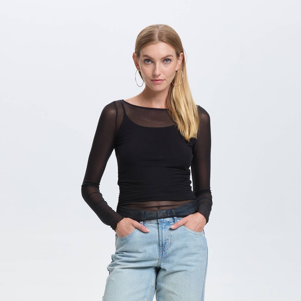 Women's Long Sleeve Boat Neck Mesh Top - Wild Fable™ Black M