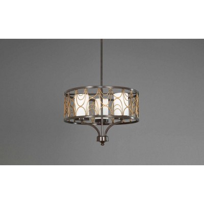 Antique Bronze Drum Chandelier with Etched White Glass
