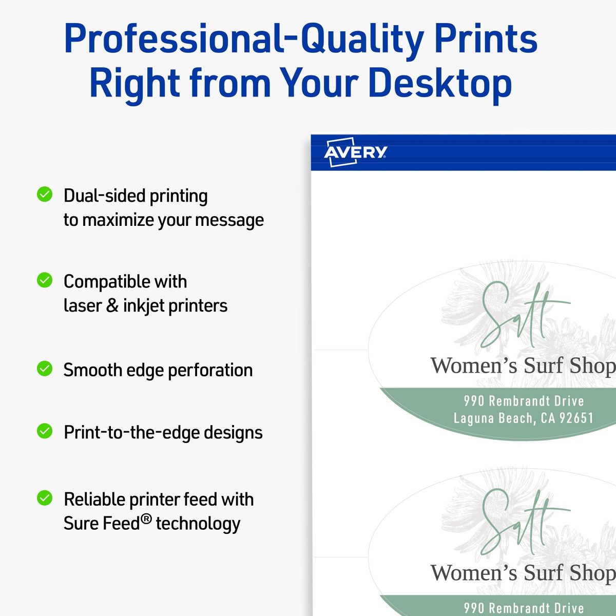 Avery Printable Oval Business Cards, Sure Feed Technology, 2" x 3-1/2", Matte White Cardstock, Print-to-The-Edge, Laser/Inkjet Printable, 80 Total - thumbnail 2