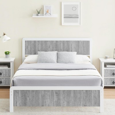 Bed Frame with Wave Wood Headboard, Queen Platform Bed Frame with Safe Rounded Corners & Under Bed Storage, Strong Metal Slats Support