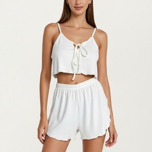 Anna-Kaci Lounge Women's Ribbed Knit Crop Top and Shorts Set with Adjustable Tie Front and Side Slit Hem Shorts - 1 of 4