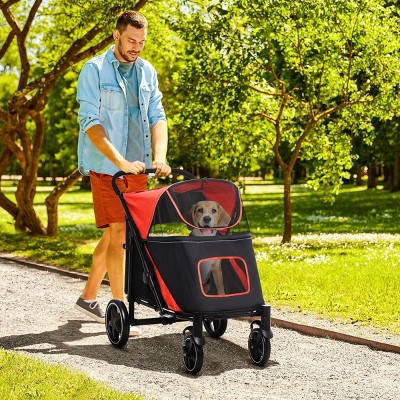 Foldable Dog Stroller for Medium and Large Dogs with Mesh Window Shock Absorption Storage and Safety Leash for Travel and Walking - LAOTIES