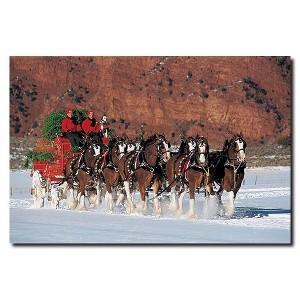 Trademark Fine Art -Clydesdales in Snow with Carriage & Xmas Tree - 16x24 Canvas - 1 of 1