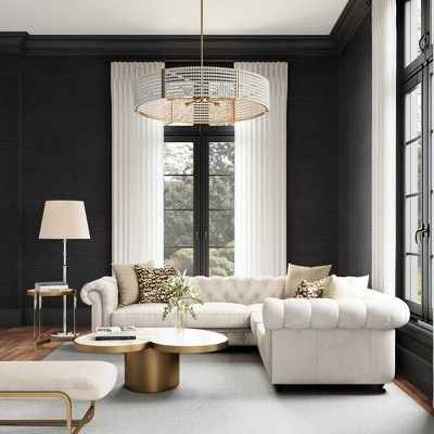 Aged Brass 6-Light Drum Chandelier with White Beads