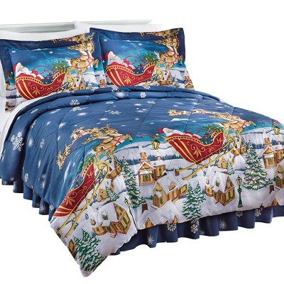Twin Reversible White and Blue Cotton Holiday Comforter Set