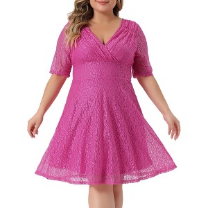 Agnes Orinda Women's Plus Size V Neck Swing Cocktail Wedding Midi Lace A-Line Dress - 1 of 4