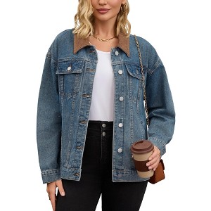 INSPIRE CHIC Women's Denim Corduroy Collar Long Sleeves Button Down Western Shacket Jean Jackets - 1 of 4