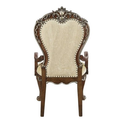 Latisha Antique Oak and Gray Upholstered Arm Chair with Silver Detailing