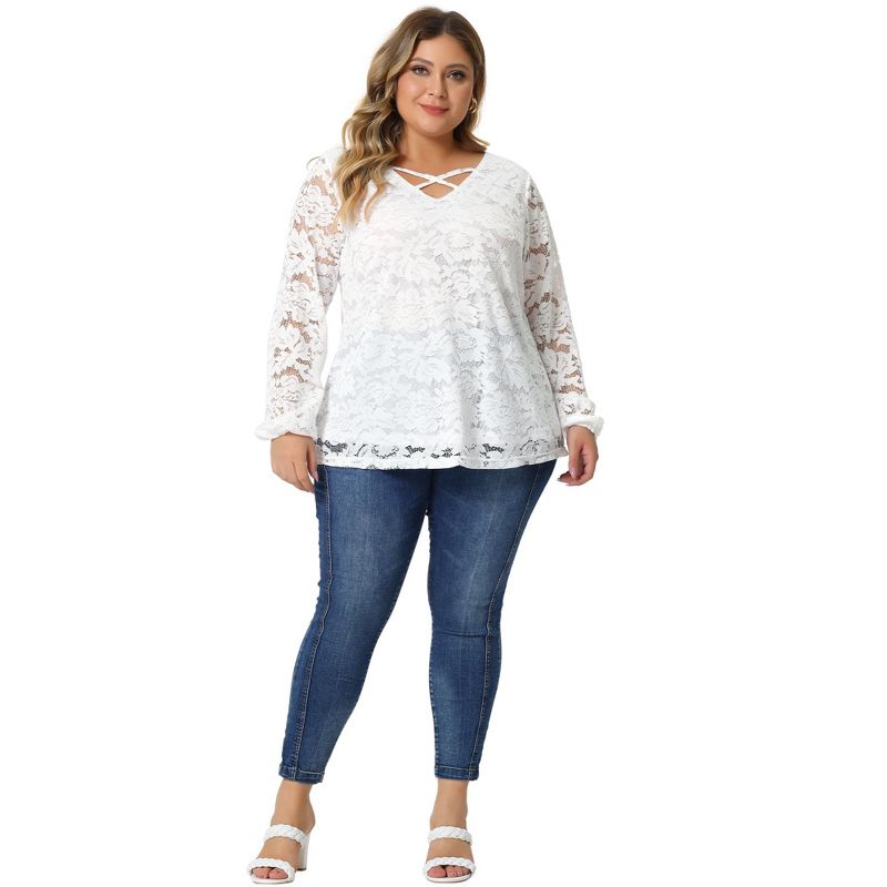 Agnes Orinda Women's Plus Size Lace Sheer Long Sleeve Layer Cross Elastic Cuff V Neck Blouses, 3 of 6