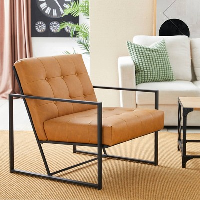 Mid-Century Modern Camel Faux Leather Metal Accent Chair