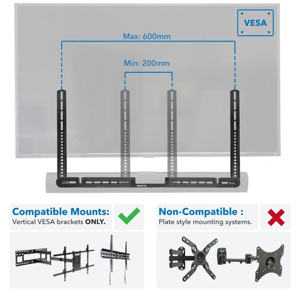 Mount-It! TV Speaker Mounting Bracket for Sonos Arc | Directional Sound All Around with TV Mount for Sonos Arc | VESA Patterns Up to 600 mm | Black - thumbnail 4