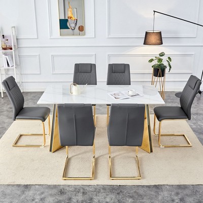 CAVINAS Dining Table Set for 6 Kitchen Table Modern Sintered Stone Table with Stainless Steel Butterfly Legs 6 PU Chairs