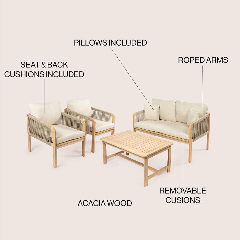 Tavira 4-Piece Modern Bohemian Acacia Wood Outdoor Patio Set with Cushions and Plain Decorative Pillows - JONATHAN Y, 5 of 8