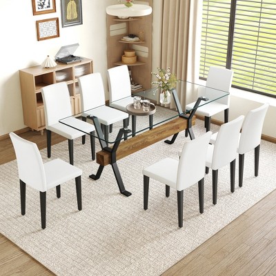 9-Piece Dining Set with Tempered Glass Table and 8 PU Armless Chairs
