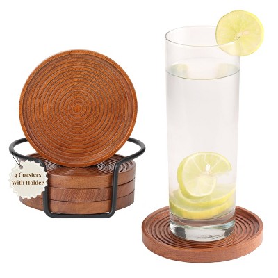 Folkulture Wooden Coasters for Drinks, Set of 4 (4") Round Wood Coaster with Holder, Rustic Farmhouse Coaster for Dining Table
