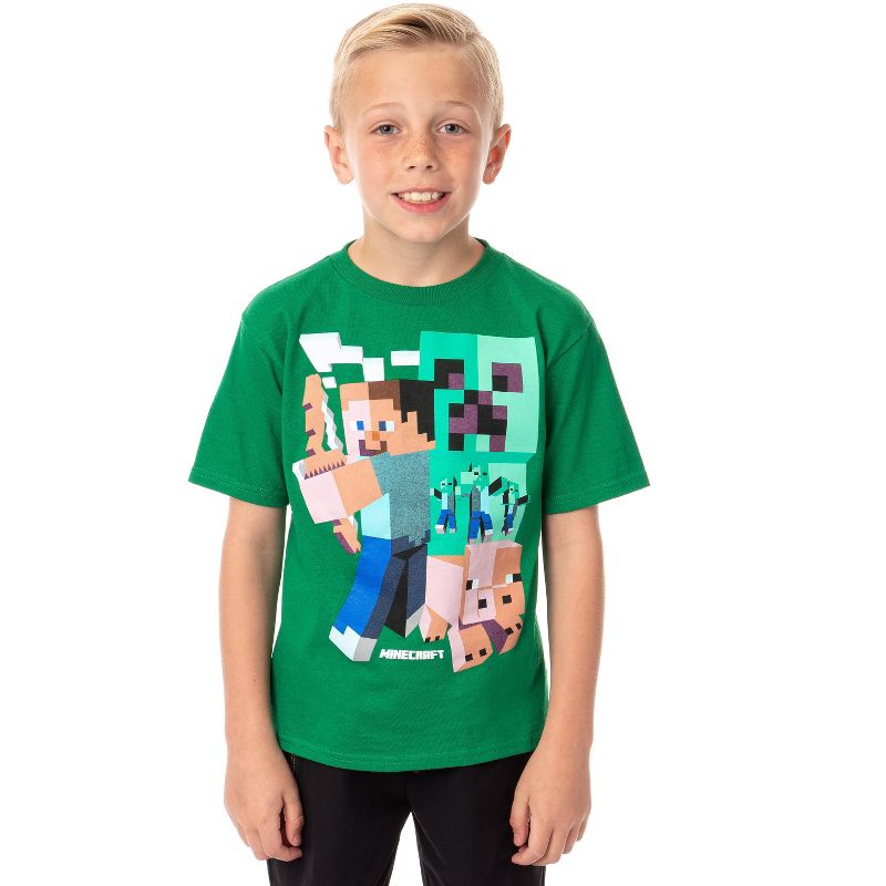 Minecraft Big Boy's T-Shirt Steve Pickaxe Pig Zombies Graphic Green, 1 of 5