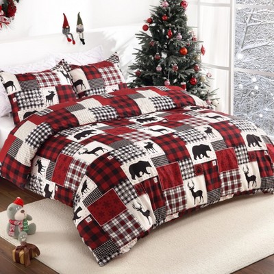 Christmas Duvet Cover, Soft Brushed Microfiber Comforter Cover Sets, Holiday Theme Bedroom Decorative Bedding (King Size, Christmas Plaid Deer)