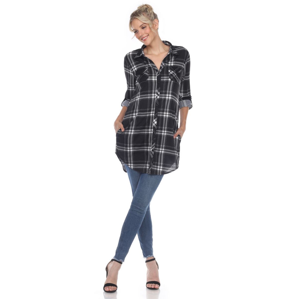 Women's Printed Plaid Roll Tab Tunic - White Mark - thumbnail 2