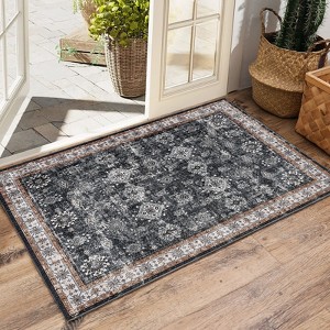 Washable Vintage Area Rug – Stain-Resistant, Non-Slip, Thin Lightweight Carpet, Retro Distressed Floral Mat for Living Room, Dining, Office - 1 of 4