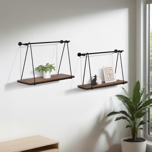 Sagebrook Home Set of 2 Wall Shelves - 12"/14" Brown and Black Wood and Metal Rustic Floating Swing Wall Shelves - 1 of 4