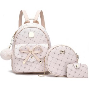 3-Pieces Girls Bowknot Fahsion Leather Backpack Backpack Purse for Women Rucksack - 1 of 4