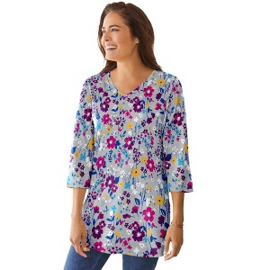 Woman Within Plus Size Perfect Printed Three-Quarter-Sleeve V-Neck Tunic - 1 of 4