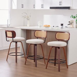 Set of 3 Beige Swivel Counter Stools, Rattan Back, 26" Height Linen Upholstered Seat, WalnutWood Frame, Bar Chairs for Kitchen Island - Panipeachy - 1 of 4