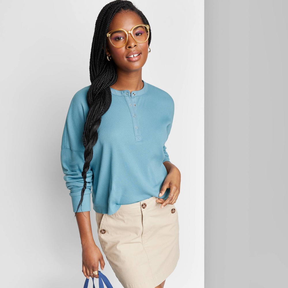 Women's Long Sleeve Henley T-Shirt - Wild Fable Blue XS