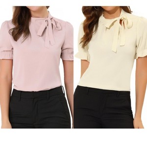 Allegra K Women's Elegant Bow Tie Neck Elastic Cuffs Office Short Sleeve Blouse 2 Pcs - 1 of 4