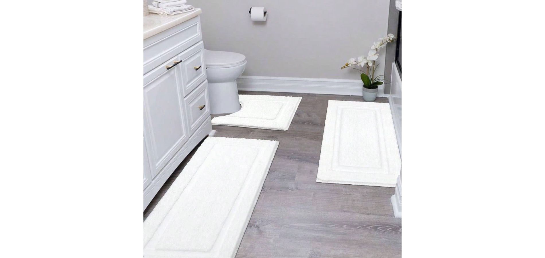 White Bathroom Rug Set, 3 Piece Non - Slip Mats, Washable Soft Fluffy Floor Mats for Bathrooms