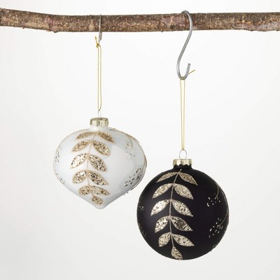 4"H Sullivans Glittered Leaf Ornament - Set of 2  Black Christmas Ornaments